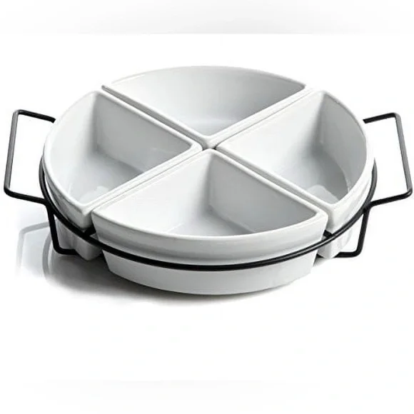 Benevolence 4-Tray Condiment Set, White Ceramic Stoneware with Metal Rack NIB - Picture 1 of 6